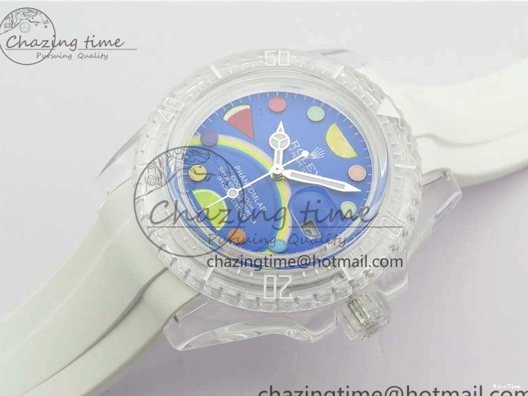 MiroTime 0123 Submariner Phantomlab Transparent KZF Best Edition Blue Fruit Dial on White Rubber Strap VR Classic 2563